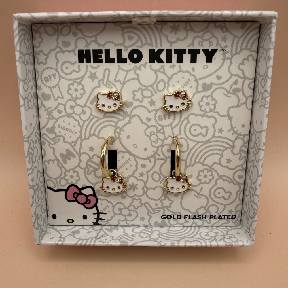 Hello Kitty Earring Set Gold Flash Plated Brass Studs and Hoops Sanrio SF00641